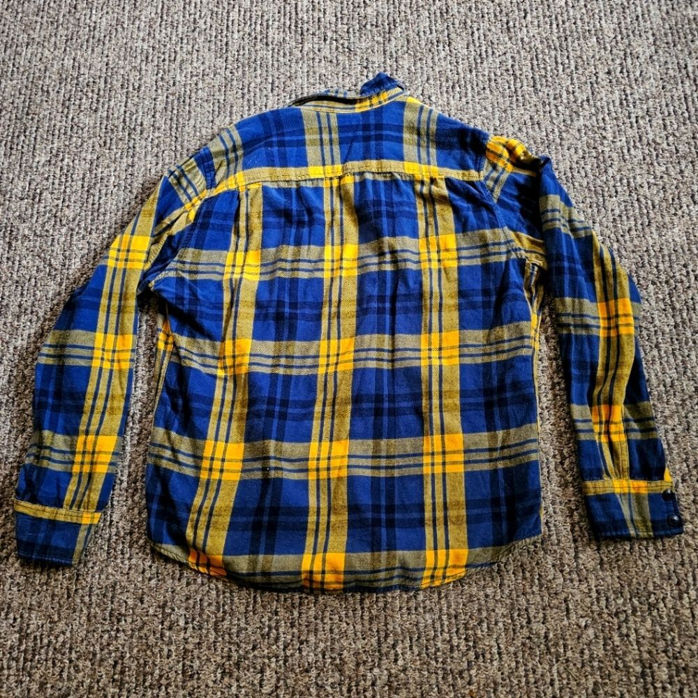 Arizona Jean Co. Blue & Gold Plaid Flannel Long Sleeve Button-Up Pockets Sz. L - Picture 3 of 8